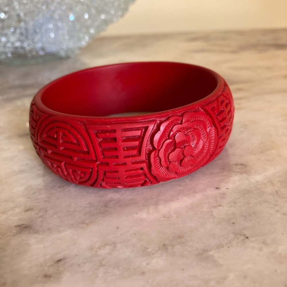 Carved Red Vintage Cinnabar Bangle Bracelet